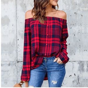 Red plaid off the shoulder shirt